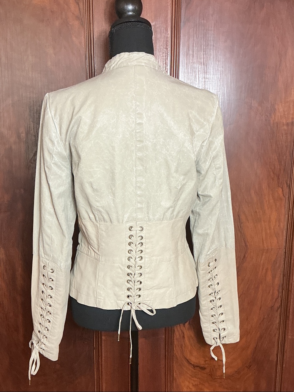 L.A.M.B. Light Beige Lace-Up Back Leather and Denim Jacket